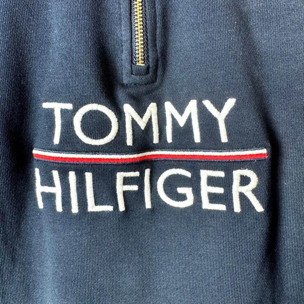 Tommy Hilfiger Sweatshirt Womens XL Navy Blue Spellout 1/4 Zip Mock Neck Preppy - Picture 2 of 10